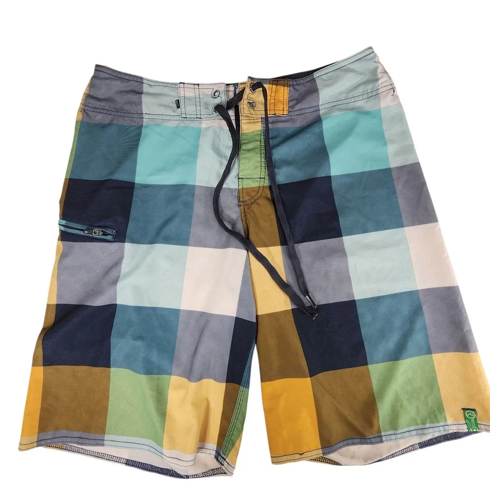 Rusty Board Shorts sz 32 Men Stretch Plaid Swim Yellow Blue Surfer Skater Preppy